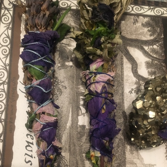 Handmade luxury botanical smudge wand sage mugwort violets pansies dried florals